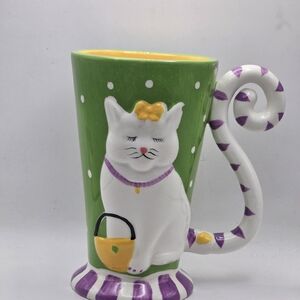 Whimsical Sassy Cat Ashlee Revelations Polka Dot Design Green Mug
